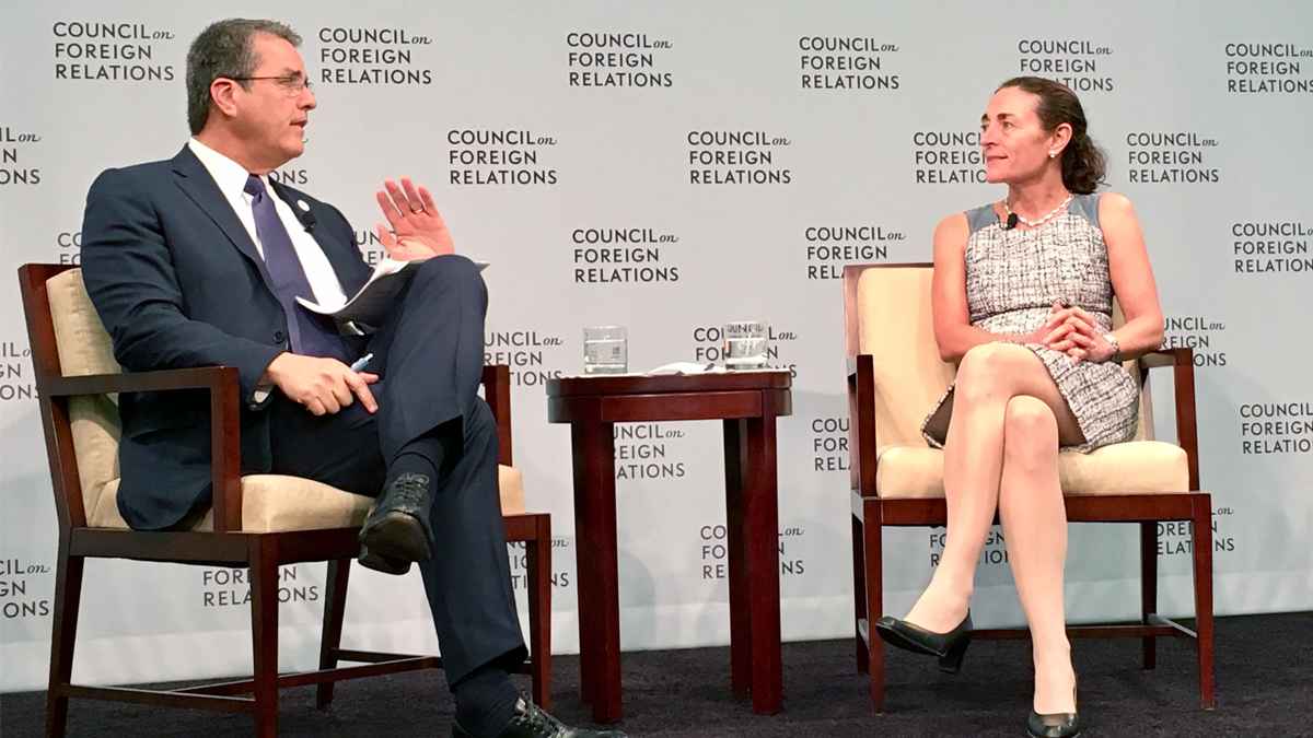 DG Azevêdo at the Council on Foreign Relations symposium with moderator Diana Farrell, President and Chief Executive Officer, JPMorgan Chase Institute.