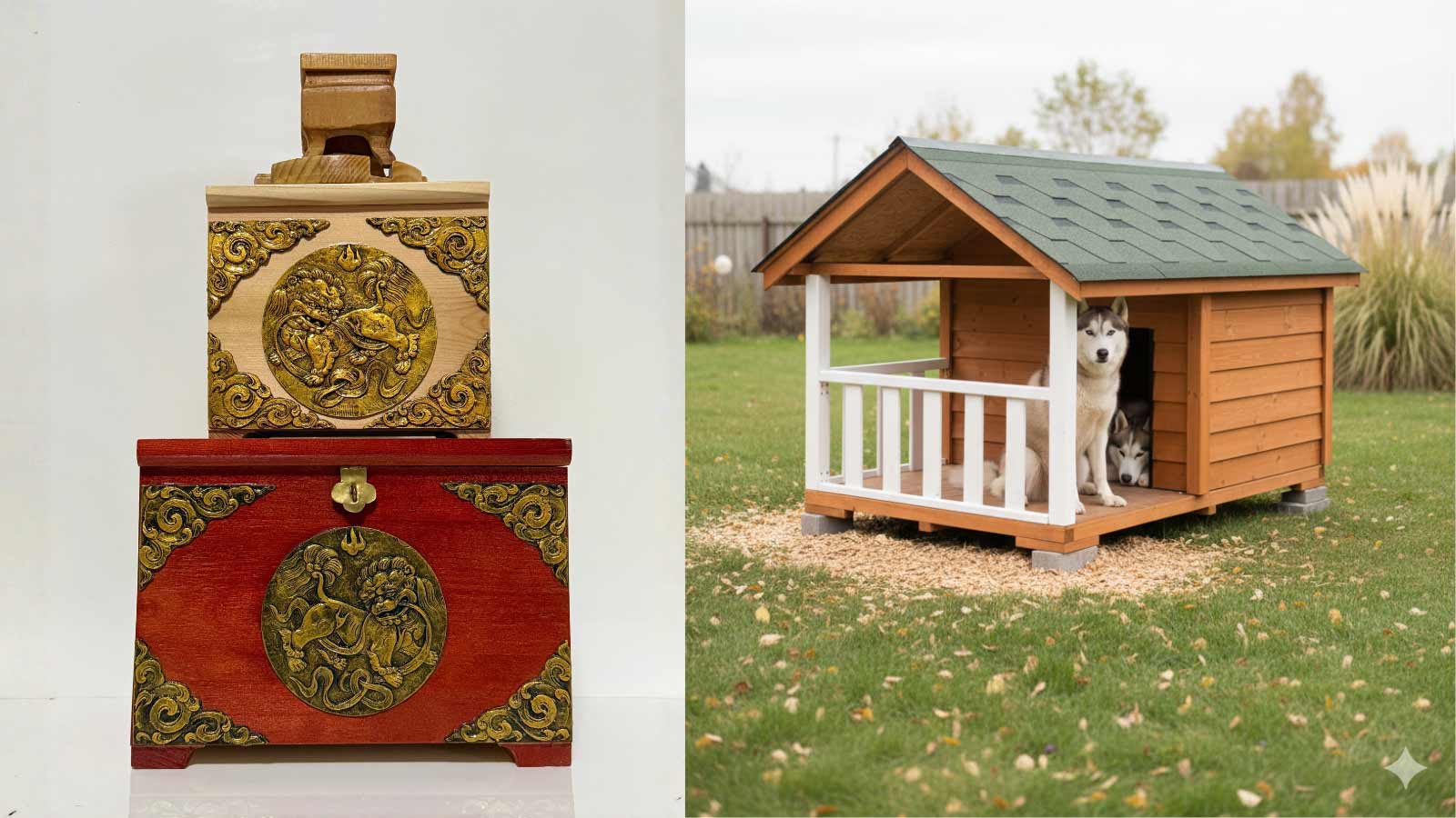 Traditional wooden boxes and a handcrafted wooden dog house